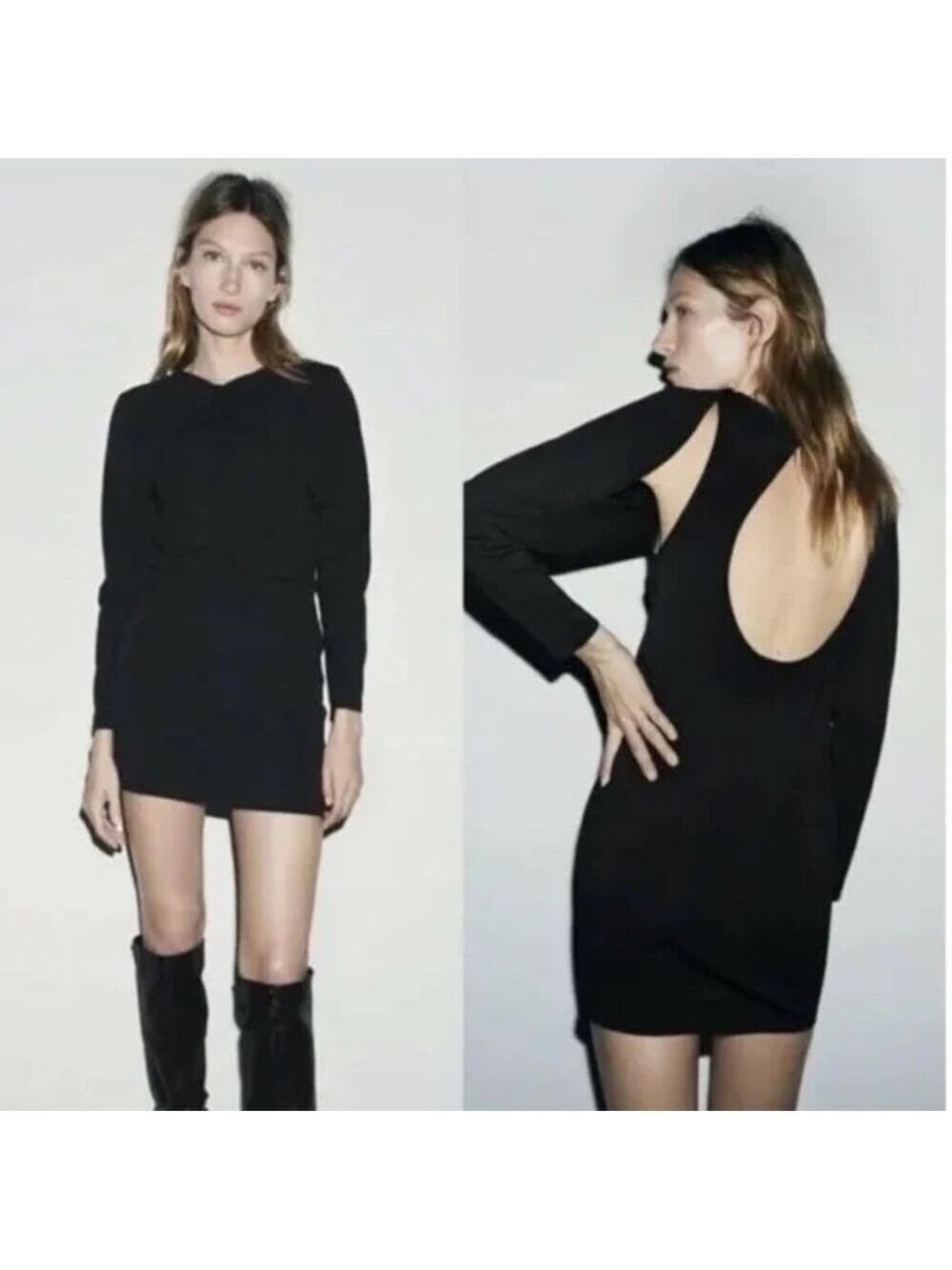 Zara Black Knotted Overlay Detail Backless Cut Out mini Dress long sleeve S NWOT